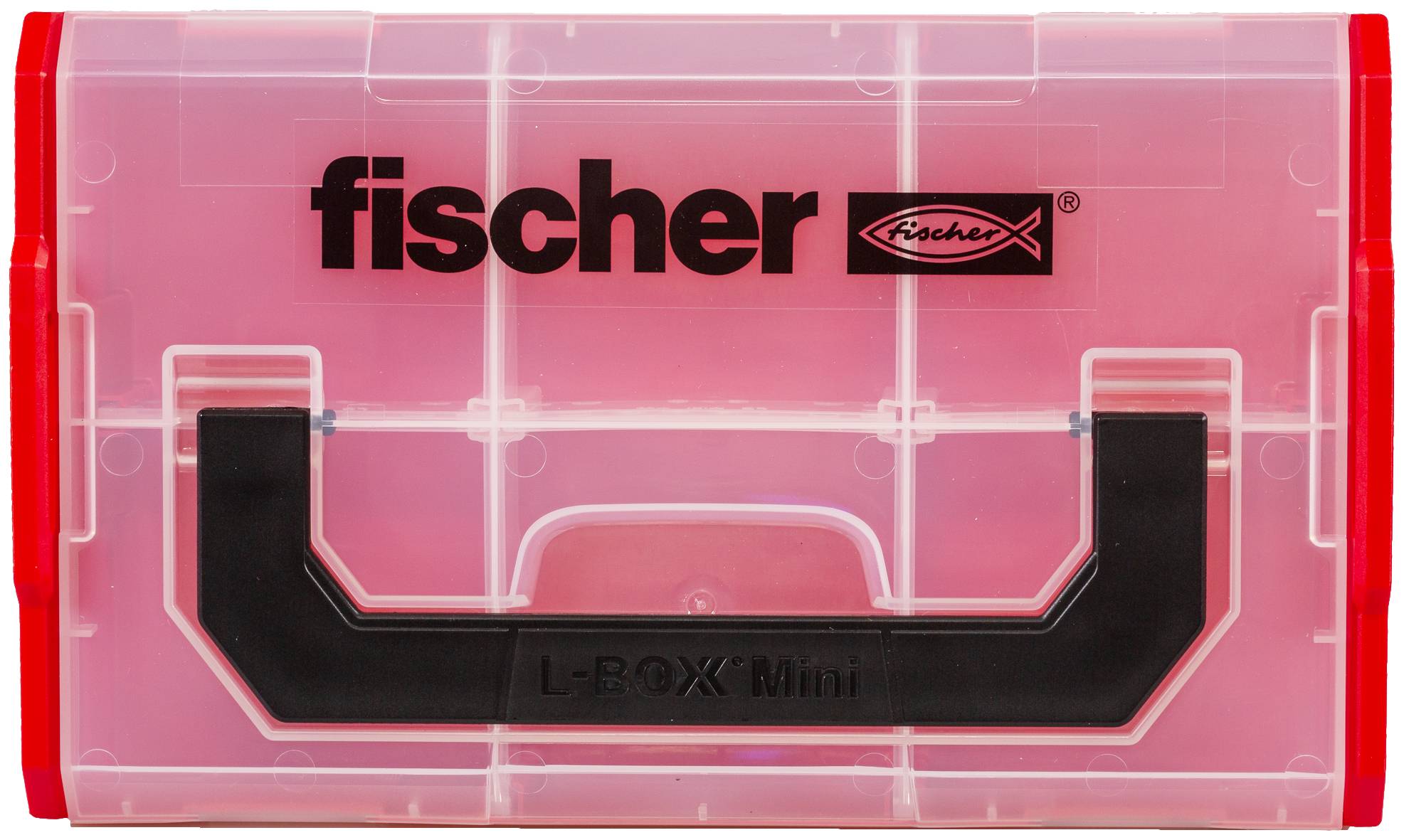 Pink Fischer L-Boxx Mini tárolódoboz átlátszó fedéllel és piros oldalsó reteszelőgombokkal.