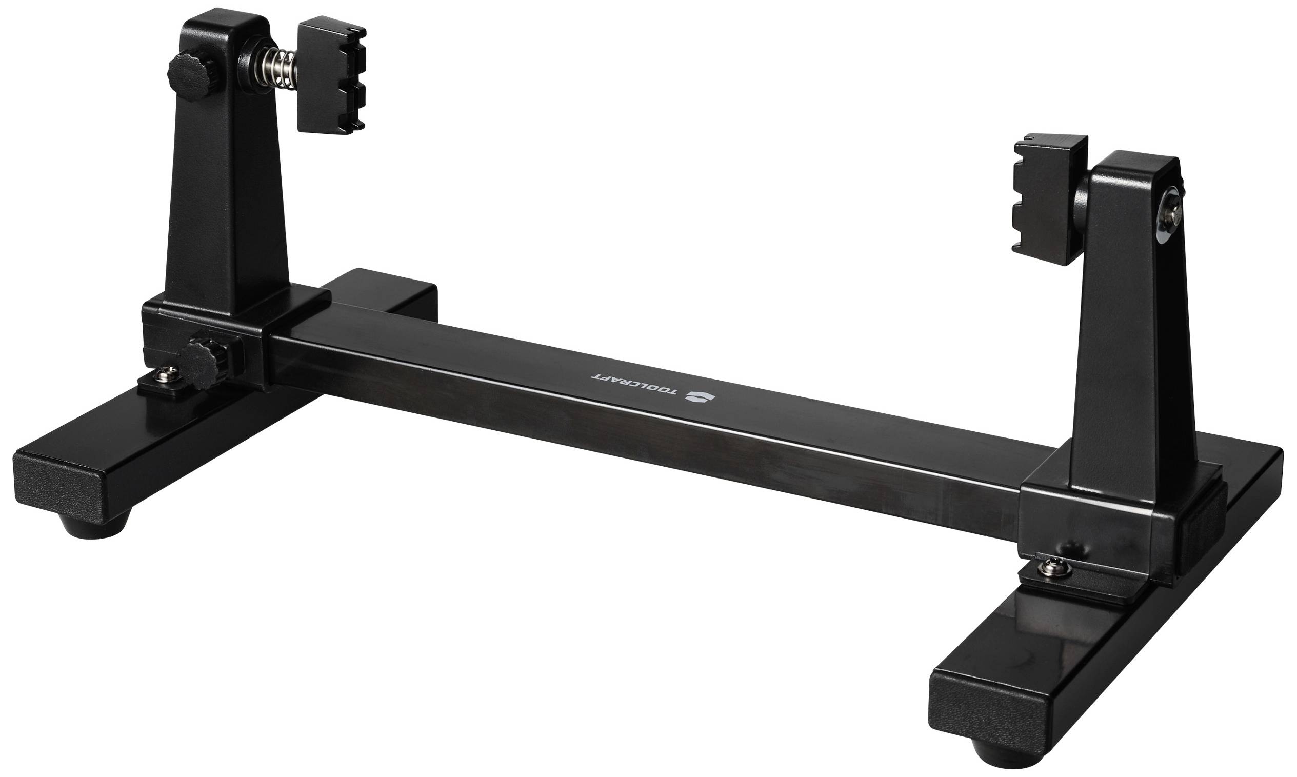 Fekete tablet-tartó két magasságállítható tartóval, stabil alappal és csúszásmentes lábakkal. Tökéletes prezentációkhoz.