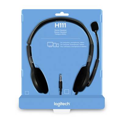 Logitech H111 sztereó headset fekete színben, alkalmas számítógépekhez, okostelefonokhoz és táblagépekhez, kék háttérben ábrázolva.
