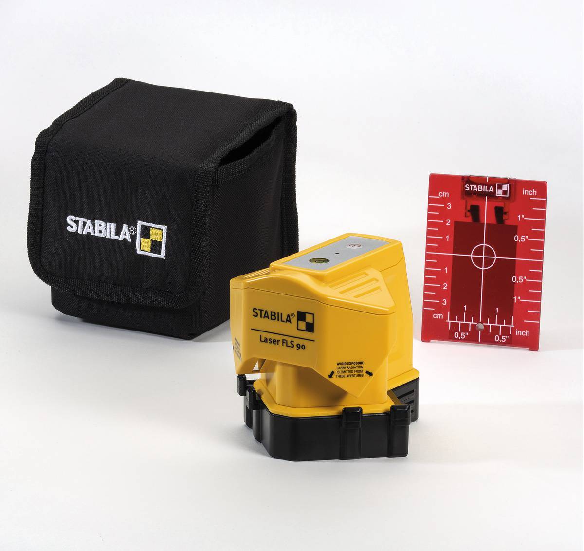 Stabila Laser FLS 90 lézeres mérőkészülék sárga színben, fekete hordtáskával és piros célponttal.
