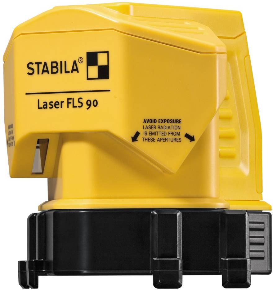 Sárga, lézeres mérőeszköz fekete talpazattal és a 'STABILA Laser FLS 90' logóval. Lézersugárzás figyelmeztetés az oldalán.