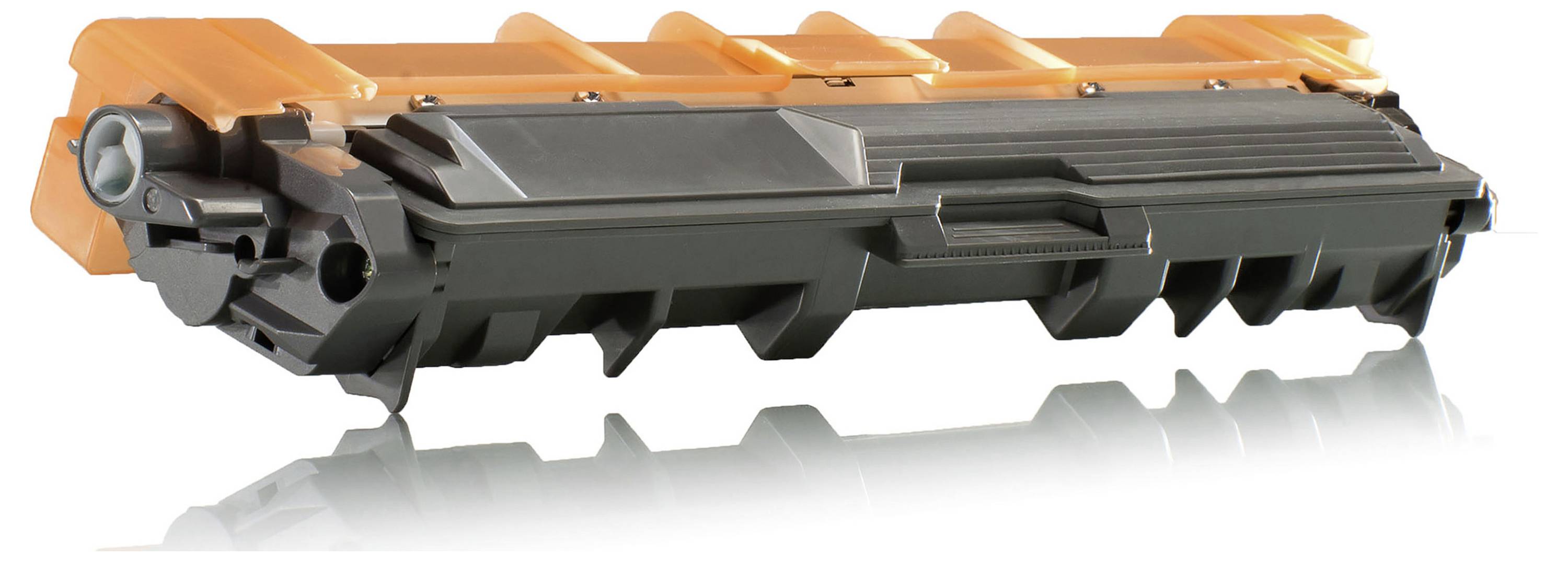 Fekete és narancs lézernyomtató tonerolaj patron fehér háttéren, oldalnézetből mutatva, tükröződő árnyékkal alatta.