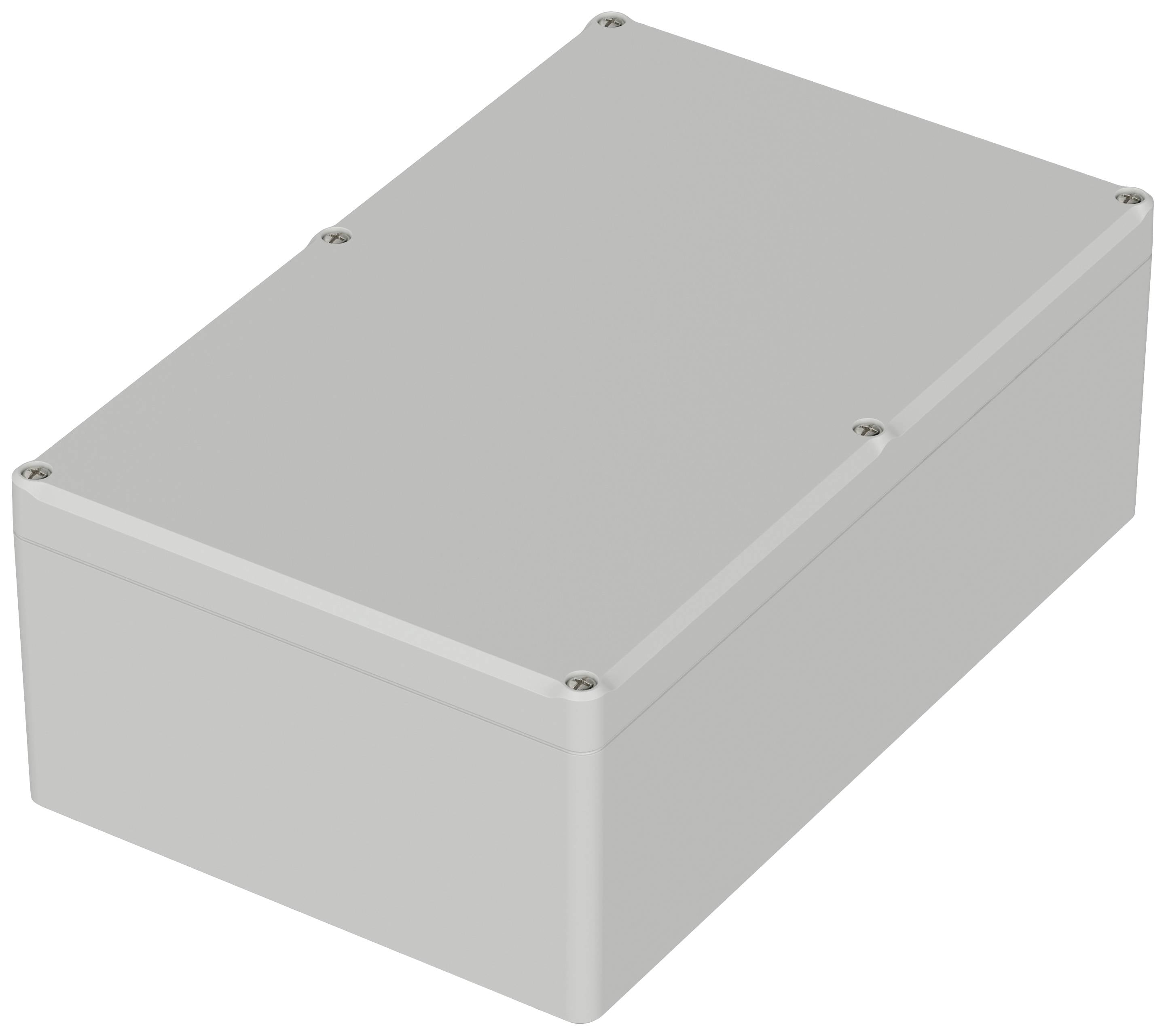 Szürke, téglalap alakú ház lekerekített sarkokkal és oldalsó csavarokkal. Kiváló elektronikai alkatrészek védelmére.