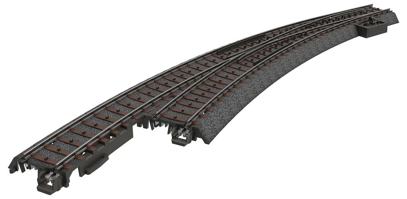 Egy hajlított vasúti sín fekete ágyazattal és váltómechanizmussal, modellvasutak vagy egyéb modellalkalmazások számára.