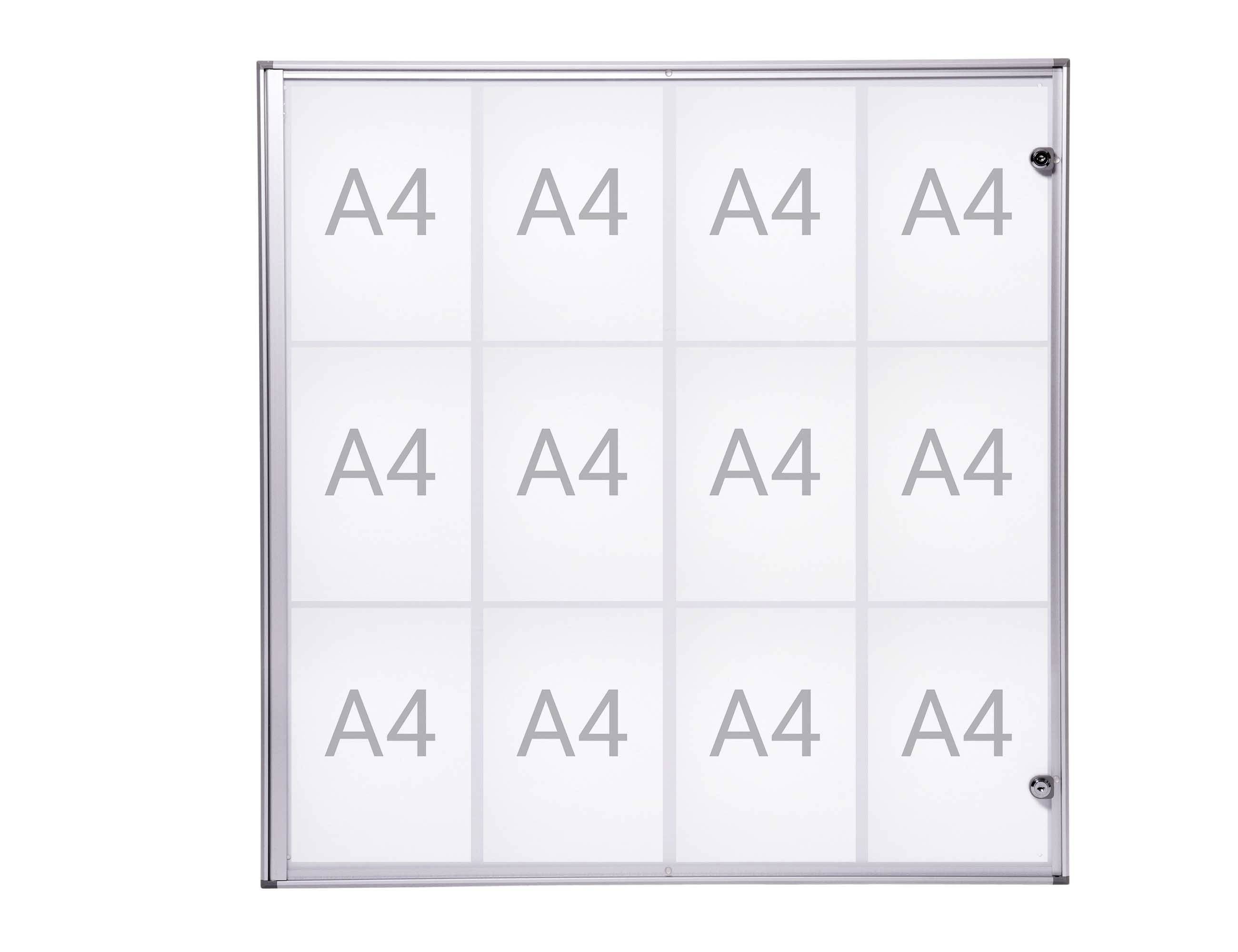 Üvegajtós vitrin 12 db A4-es rekesszel, 3x4-es elrendezésben, mindegyik oldalán „A4” felirattal.
