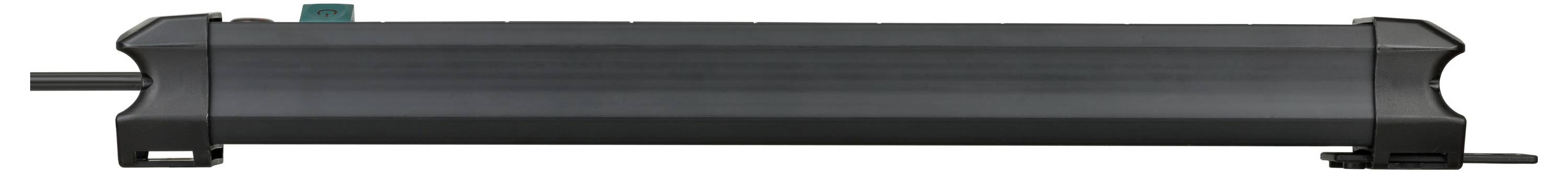 Egy fekete lineáris LED-es világítási lámpa részletes képe végzárócsapokkal és szerelési konzolokkal, fehér háttéren megjelenítve.