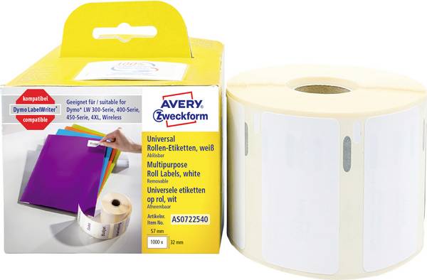 Avery-Zweckform Etikett tekercs 57 x 32 mm Papír Fehér 1000 db Leoldható AS0722540 Univerzális etikett