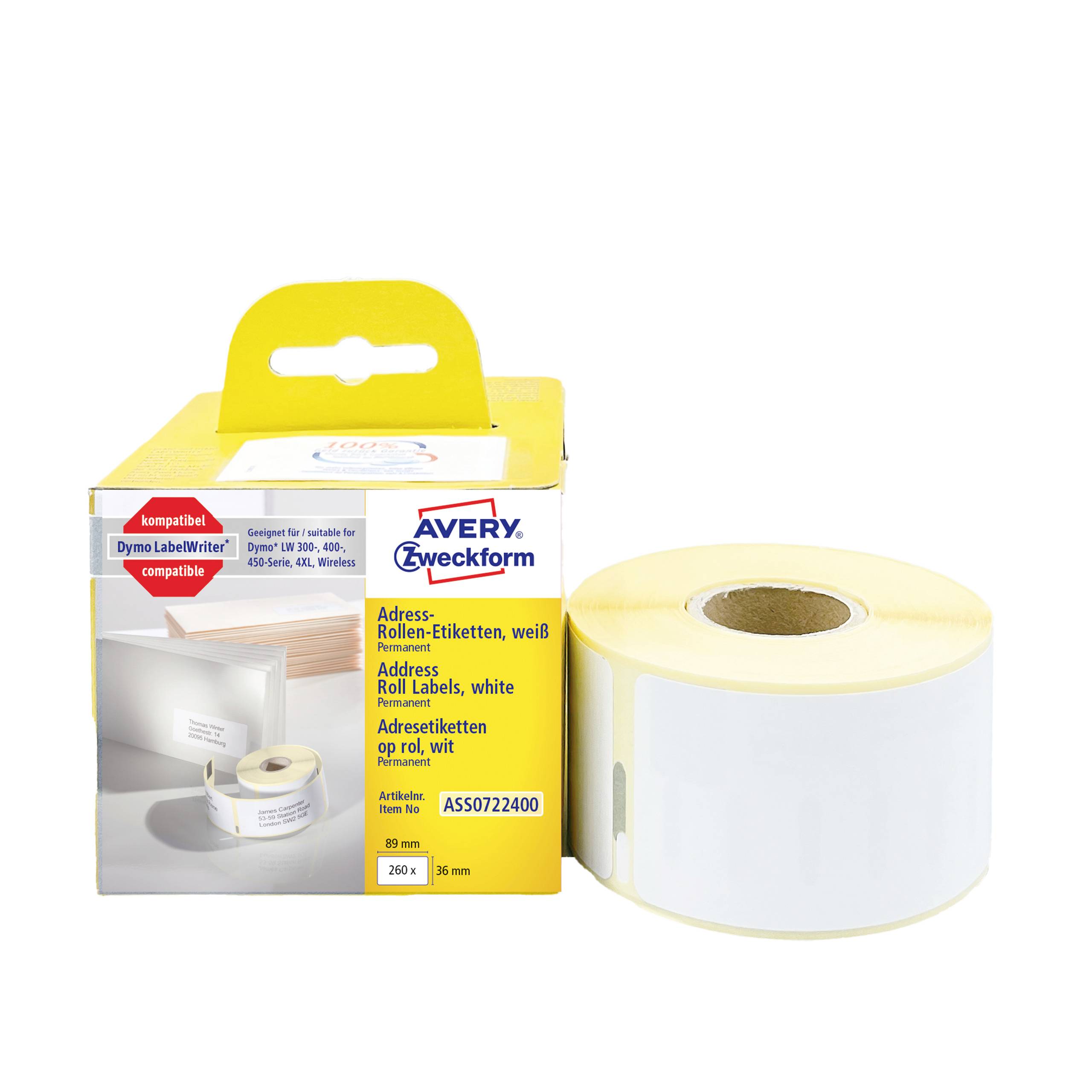 Egy sárga doboz fehér, tartós címke-tekercs matricákkal az Avery Zweckform-tól. Felirat: 'kompatibilis Dymo LabelWriter-rel'.