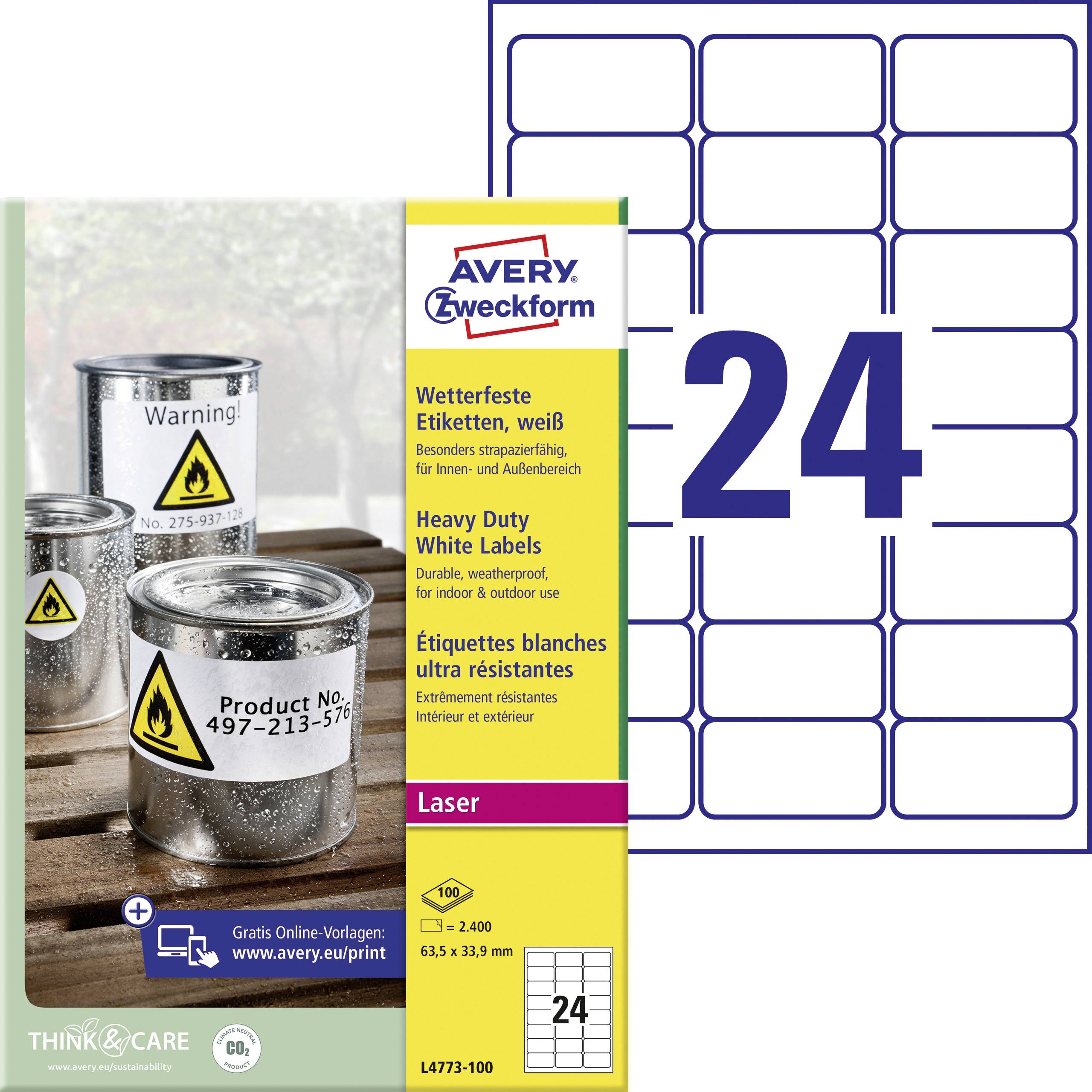 'Avery Zweckform termék címkék, időjárásálló címkék, fehér, 24 címke laponként, lézernyomtatóval kompatibilis, cikkszám L4773-100, erősen tapadó külső felhasználásra.'