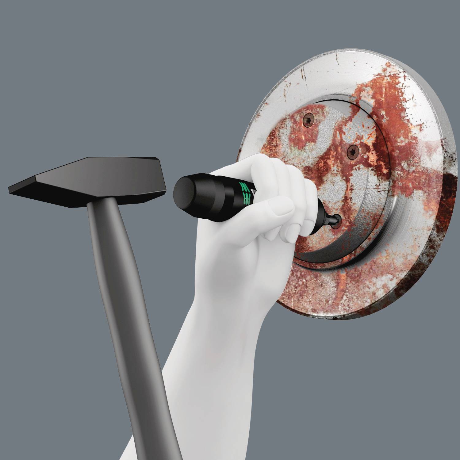 Robotkar egy festékmérő műszert tart egy festett felülethez, hogy lemérje a festékréteg vastagságát. A háttér egyszerű.