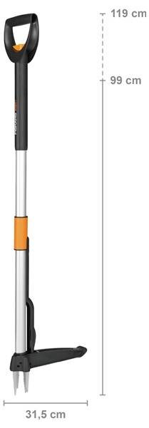 Egy hosszú nyélű kerti eszköz fekete fogantyúval, 119 cm magasságú és 31,5 cm szélességű, gyomirtásra használható.