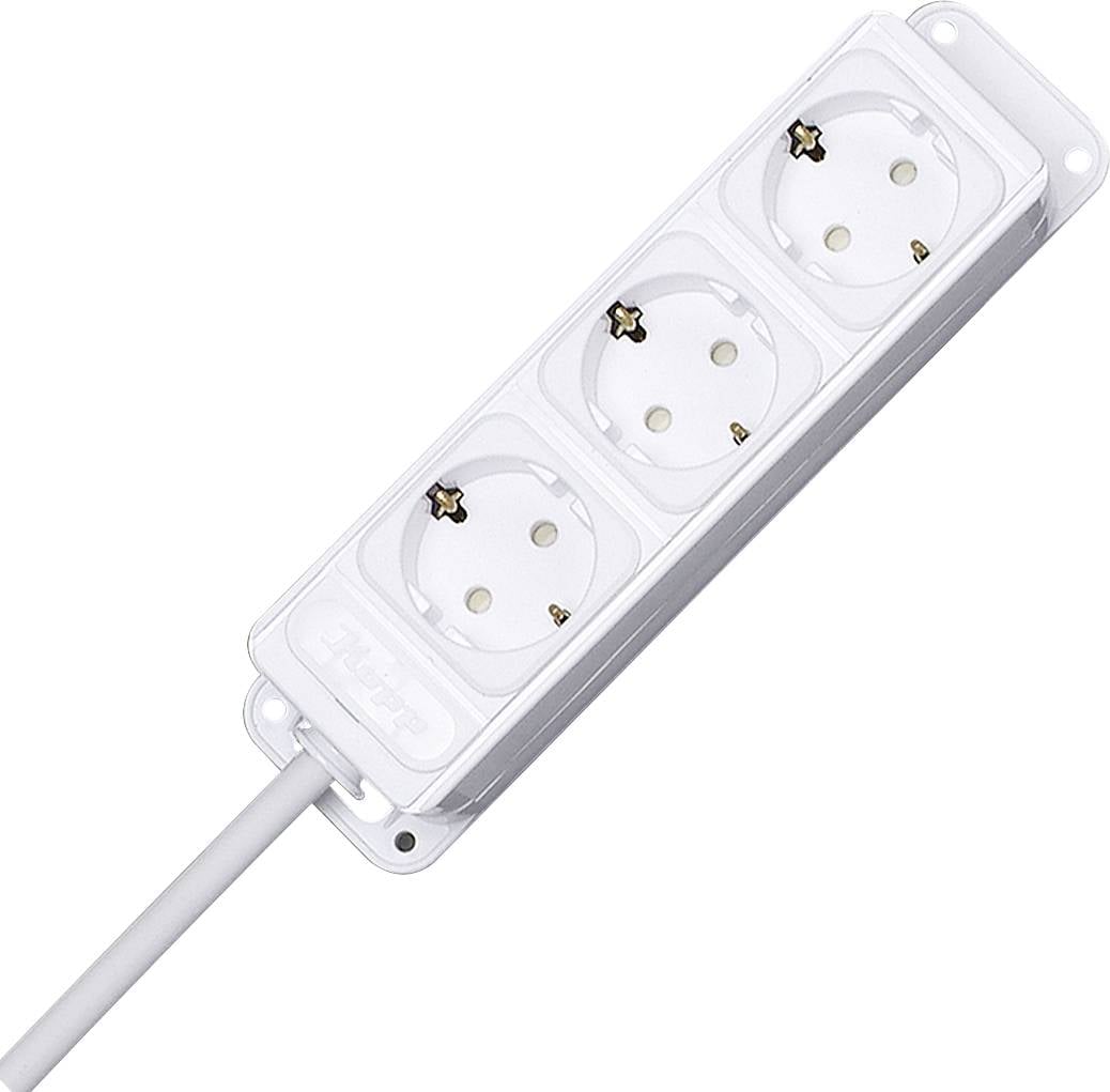 Fehér, hármas elosztó kábellel, beltéri elektromos csatlakozások bővítésére alkalmas.