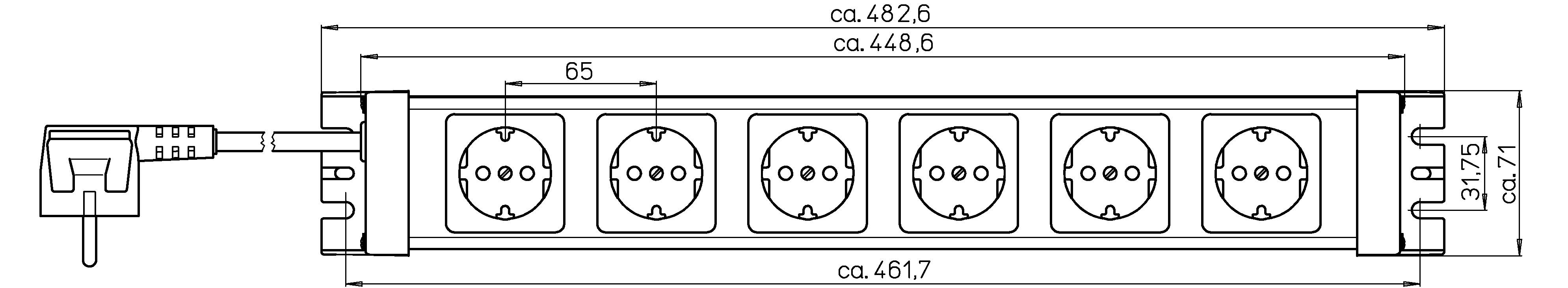 Műszaki rajz hatszoros elosztóról méretekkel: hosszúság kb. 462,8 mm, szélesség 65 mm, a csatlakozó oldalnézeti ábrázolásával.