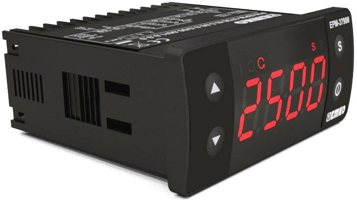 Digitális hőmérő, piros kijelzőn '25.0' fokos Celsius-hőmérsékletet mutat. Beállító és vezérlő gombok vannak rajta.