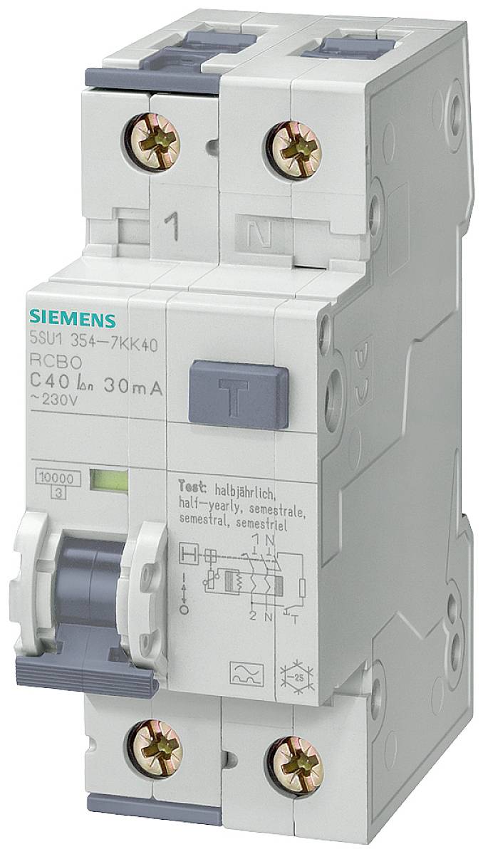 Siemens kétpólusú áramvédő-kapcsoló, RCBO C40 30mA típus, 230V, alkalmas rövidzárlatok és túlterhelések elleni védelemre.