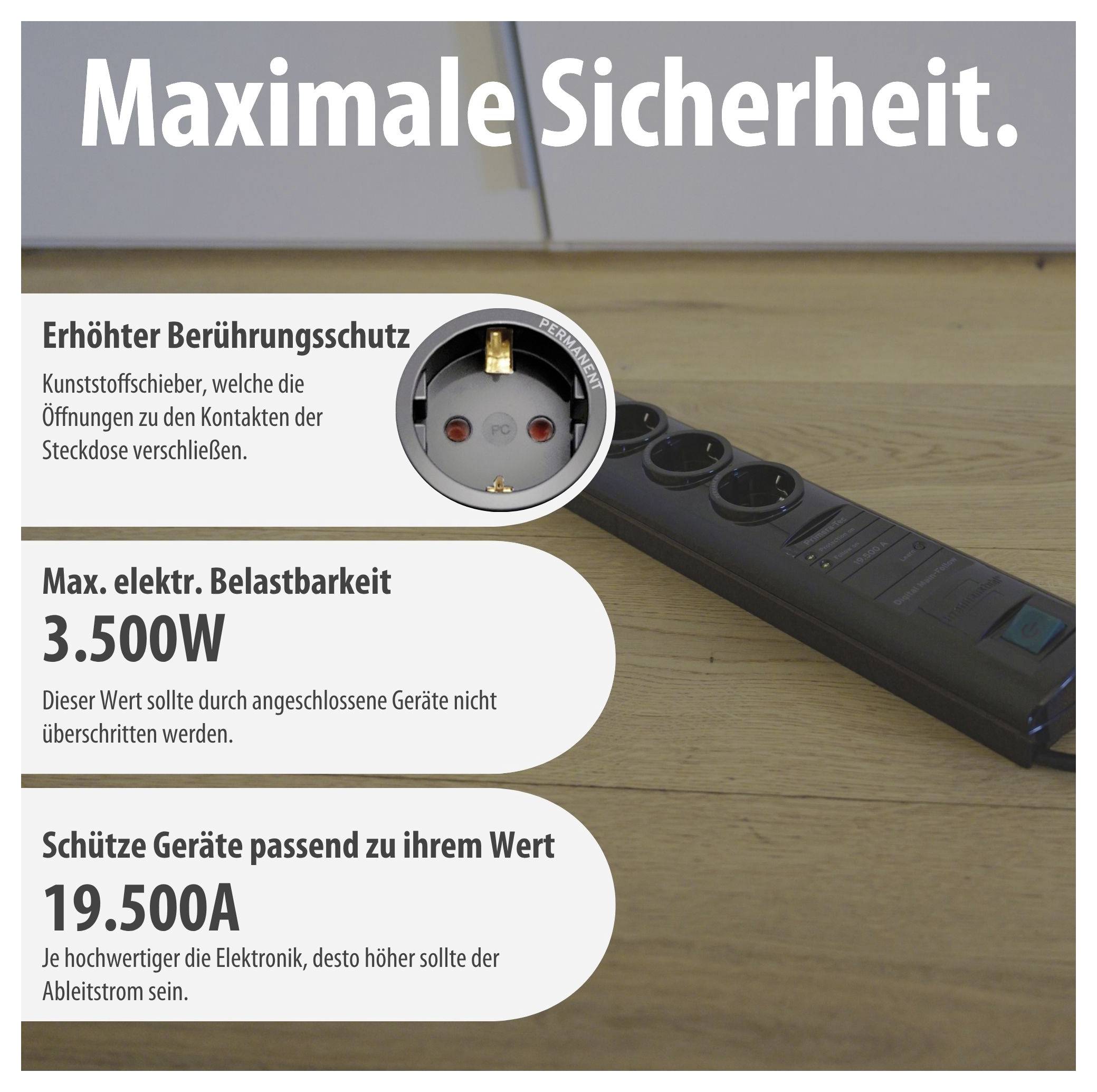 Reklámgrafika többutas csatlakozóhoz „Maximális biztonság" felirattal: érintésvédelem, max. 3.500 W és 19.500 A; egy többforrasztásos aljzatot mutat fa padlózaton.