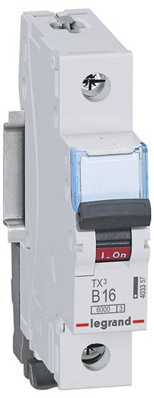 Egy szürke Legrand típusú kismegszakító, amelyen a 'B16' és 'I-On' felirat szerepel, elektromos áramkörök vezérlésére alkalmas.