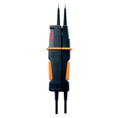 Egy elektromos feszültségvizsgáló két mérőheggyel és LED-kijelzővel a feszültségeredmények megjelenítéséhez.