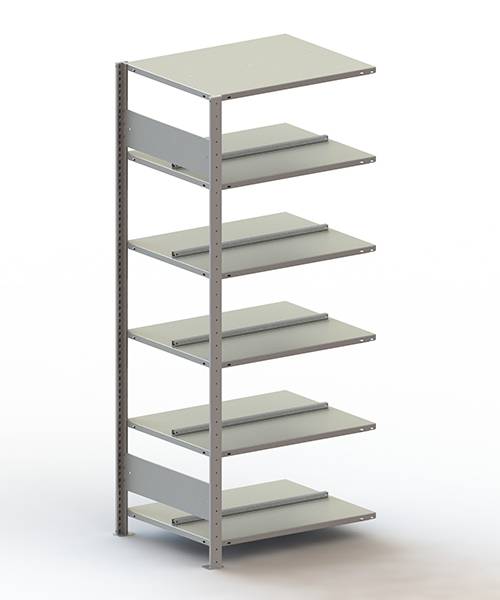 Egy stabil polc hét üres, fémből készült polclappal, amely könyvek vagy egyéb tárgyak tárolására alkalmas.