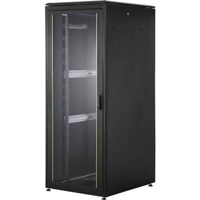 Fekete, üvegajtós szerver-rack zöld csíkkal, két polccal a belsejében. Alkalmas technológiai eszközök és szerverek elhelyezésére.