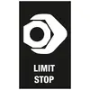 Egy csavarkulcs szimbóluma, amely egy anyát fog, a 'LIMIT STOP' felirattal. Ütközési pozíció jelzője.