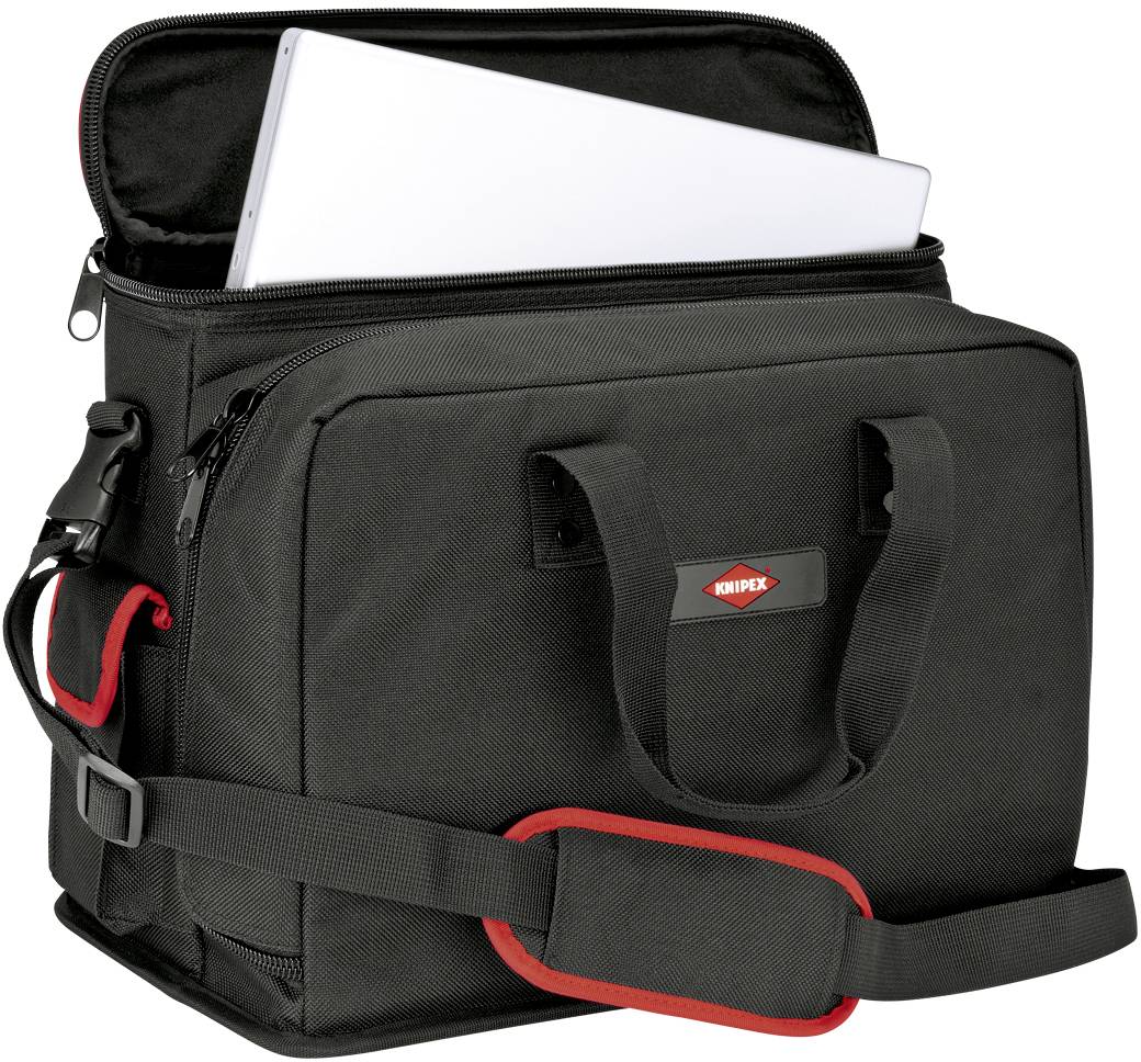 Egy fekete szerszámostáska vállpánttal és Knipex-logóval. Egy ezüstszínű, laptophoz hasonló tárgy lóg ki a fő rekeszből.