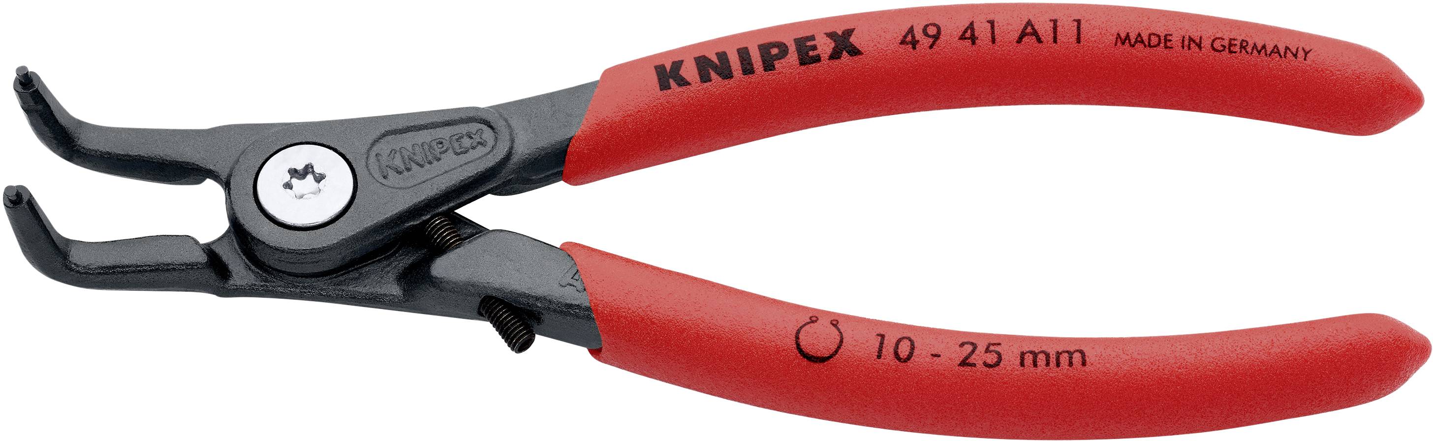 Piros KNIPEX fogó, 49 41 A11 modell, 10-25 mm-es biztosítógyűrűkhöz, 'MADE IN GERMANY' felirattal.