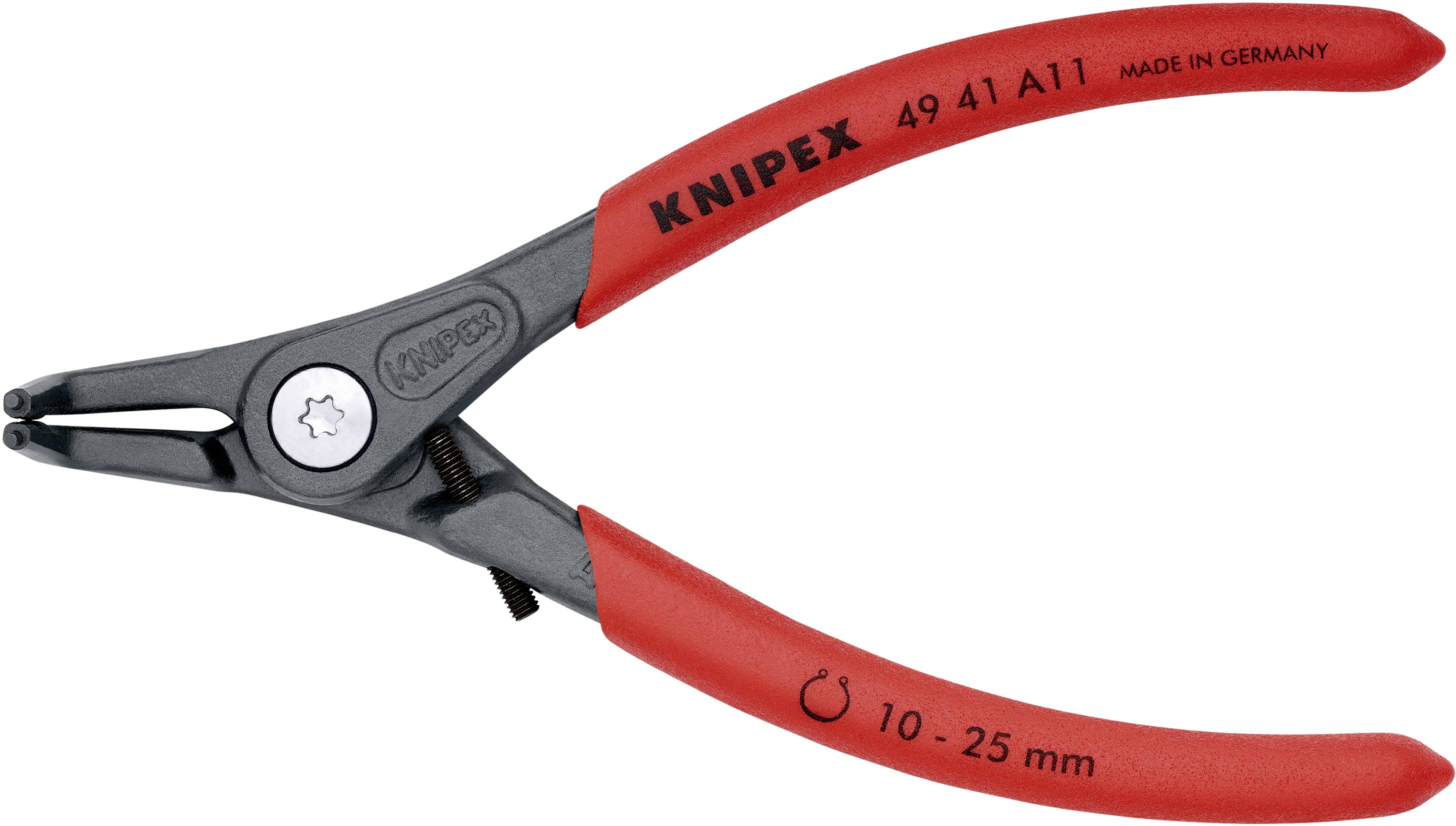Piros-fekete Knipex seegervalyú gyűrűfogó 'Made in Germany' felirattal, '49 41 A11' típusszámmal, 10-25 mm-es gyűrűk rögzítéséhez.