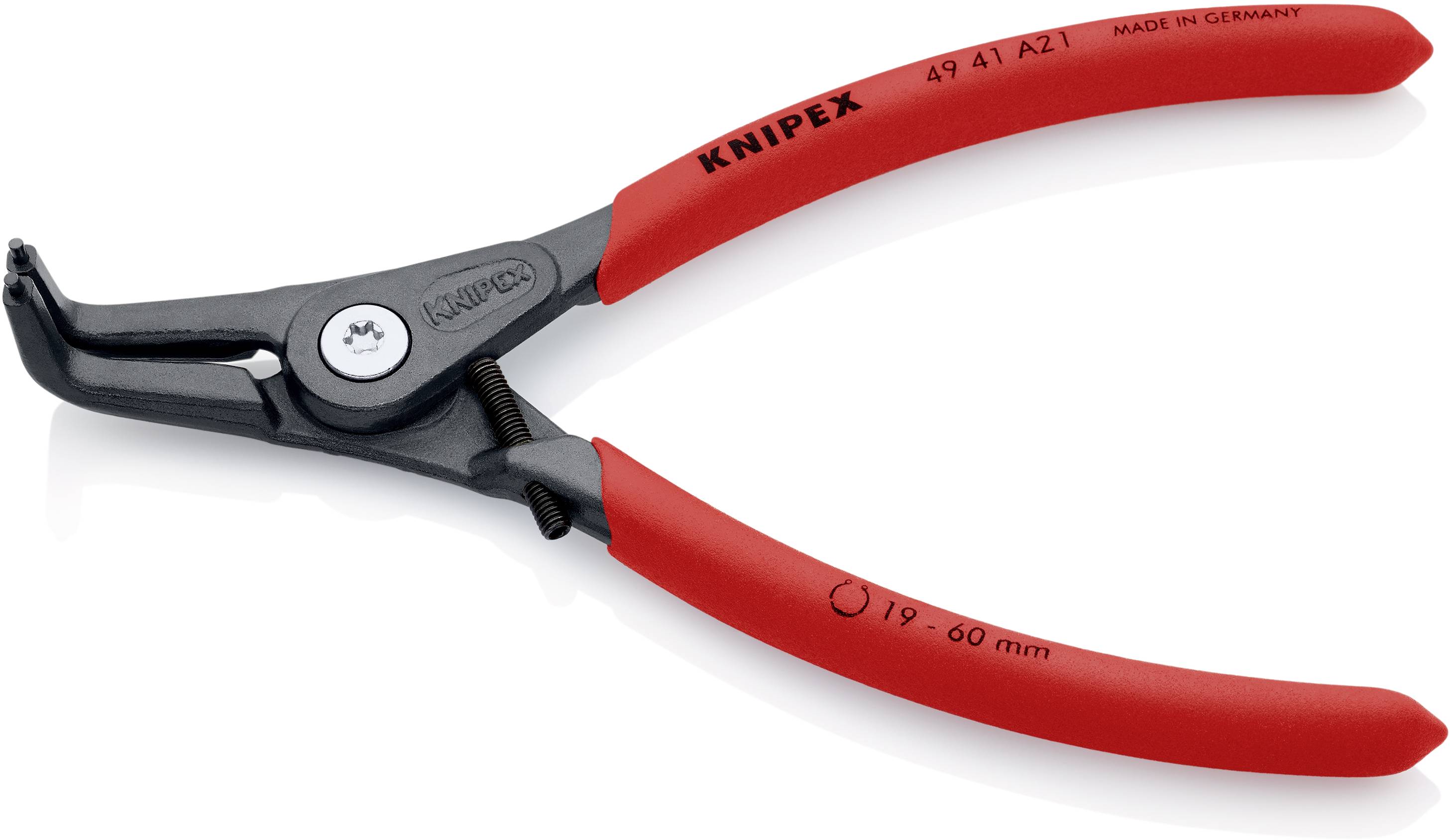 Fogó piros markolattal és fekete fejjel. Felirata: 'Knipex 49 41 A21, Made in Germany'.