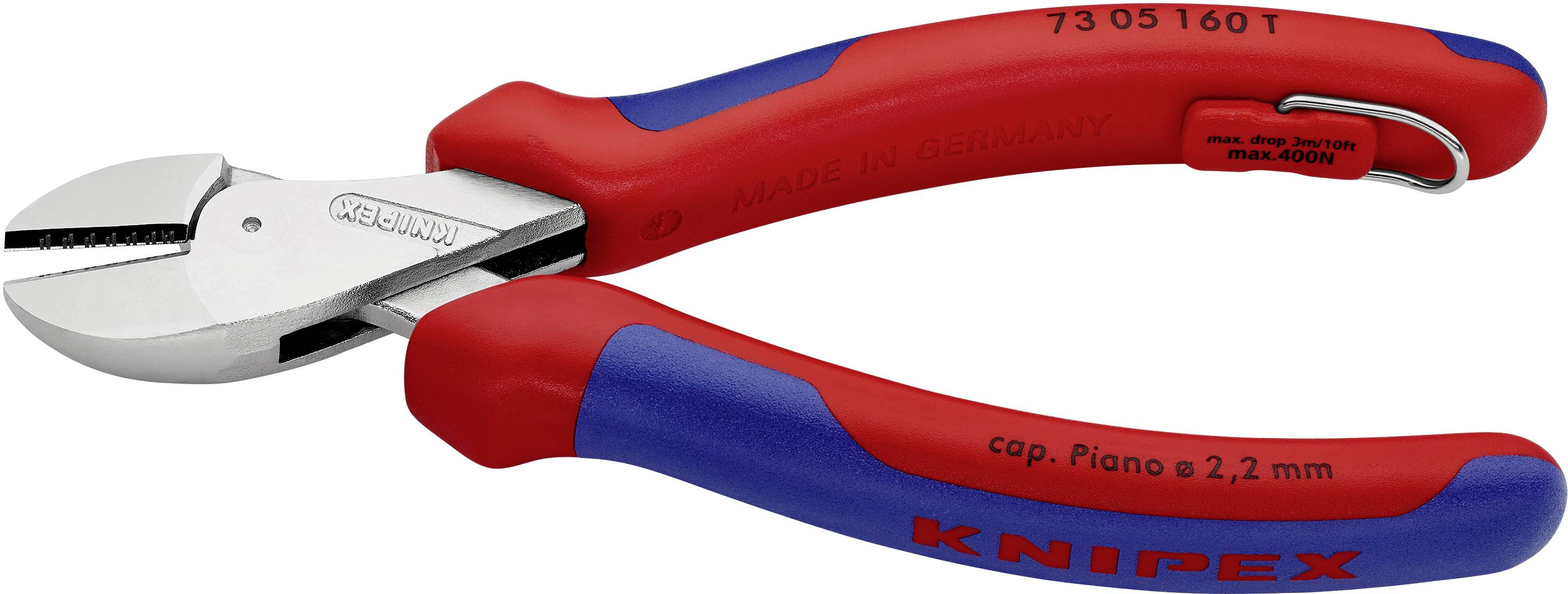 Egy piros és kék Knipex oldalcsípő fogó, maximum 2,2 mm zongorahuzal vágási kapacitással.