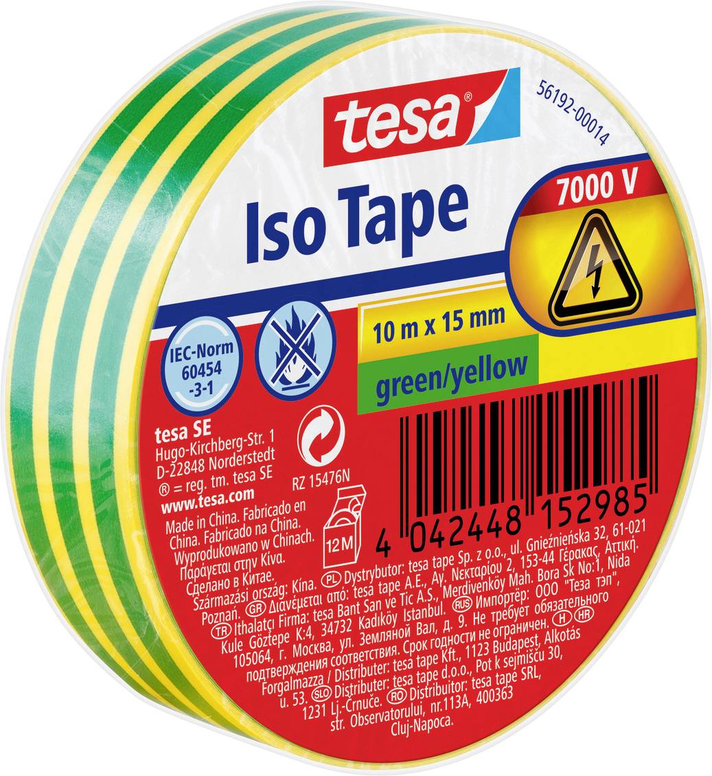 tesa 56192-00014-22 Szigetelőszalag Zöld, Sárga (H x Sz) 10 m x 15 mm 1 db