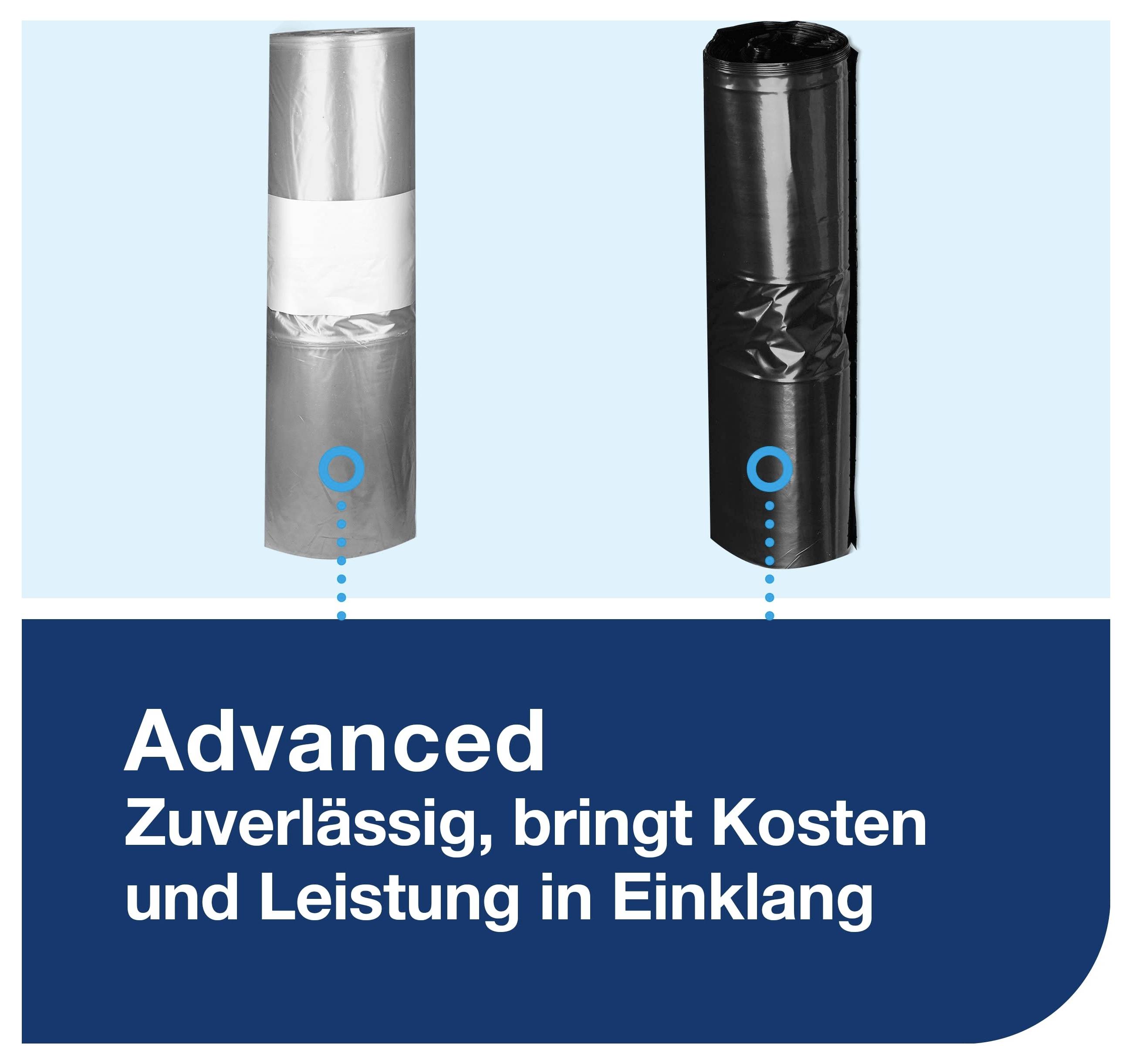 Reklámgrafika két hengeres csomagolótekerccsel, ezüst és fekete, alatta a szöveg: „Advanced – Megbízható, összhangban tartja a költségeket és a teljesítményt".