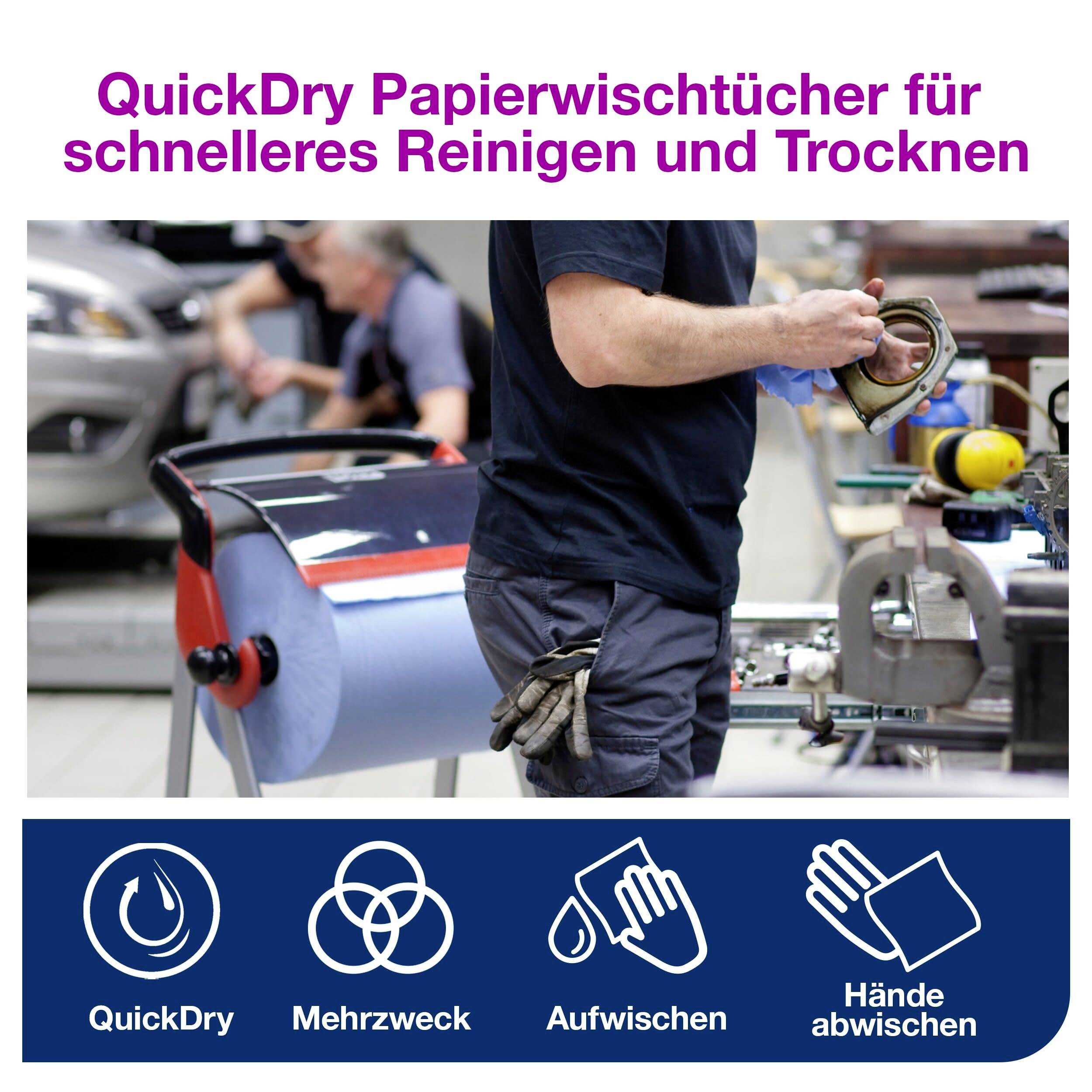 Egy férfi QuickDry papírtörlőkendőkkel takarít egy műhelyben. Szöveg: 'QuickDry papírtörlőkendők gyorsabb tisztításhoz és szárításhoz'. Szimbólumok mutatják a funkciókat: QuickDry, sokoldalú, felszívás, kéztörlés.
