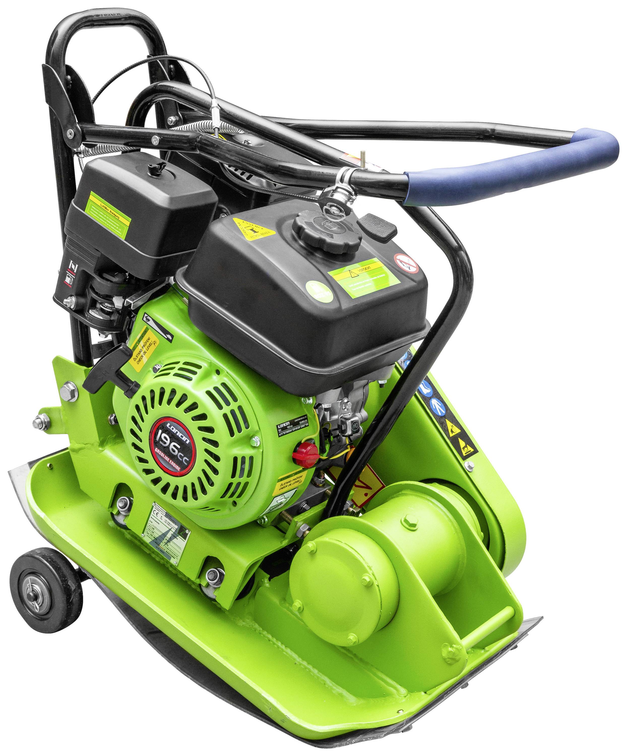 Zöld vibrációs tömörítőlap fekete motorral és kék fogantyúkkal, amelyet elsősorban föld- és aszfaltfelületek tömörítésére használnak.