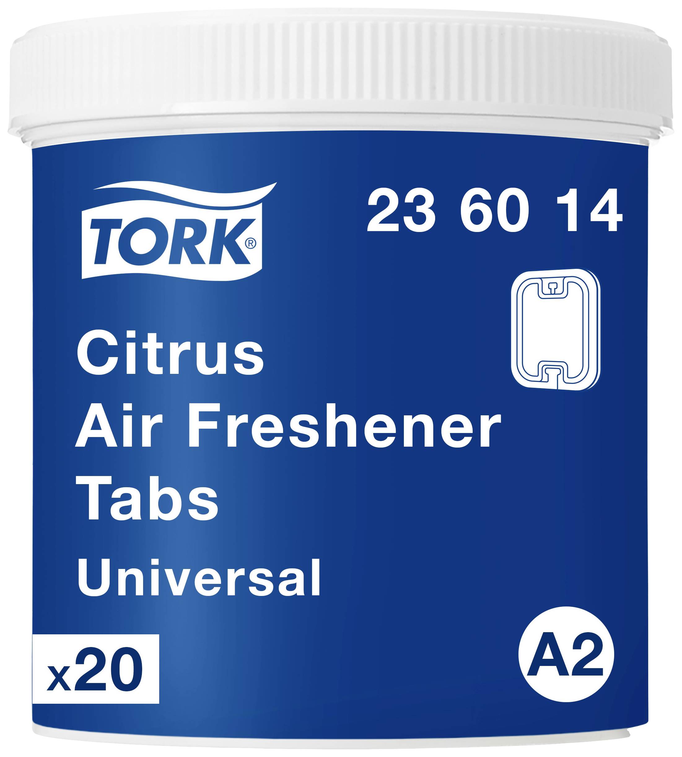 Tork Citrus légfrissítő tabletta tartó, A2 univerzális típus, 20 darab légfrissítő tablettát tartalmaz.