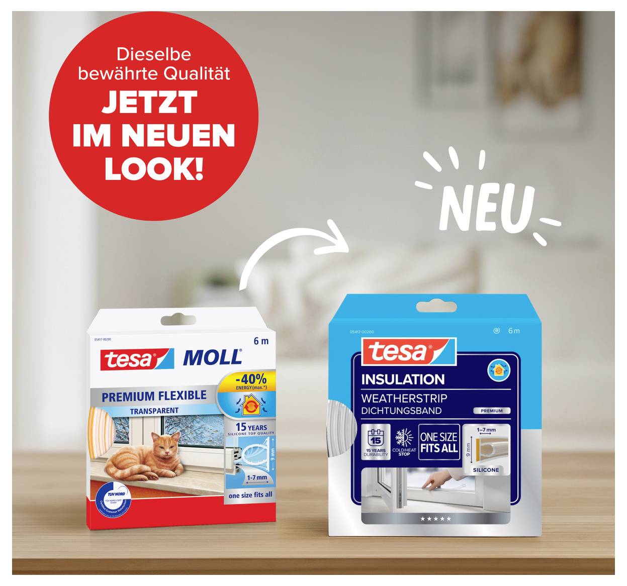 Balra: Tesa Moll, Premium Flexible, 6 m, átlátszó, macska képével. Jobbra: Tesa Insulation, új design, szimbolikus ablak kép.