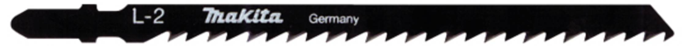 Makita szúrófűrészlap, fekete, fogazott szélű, "Makita Germany" felirattal.