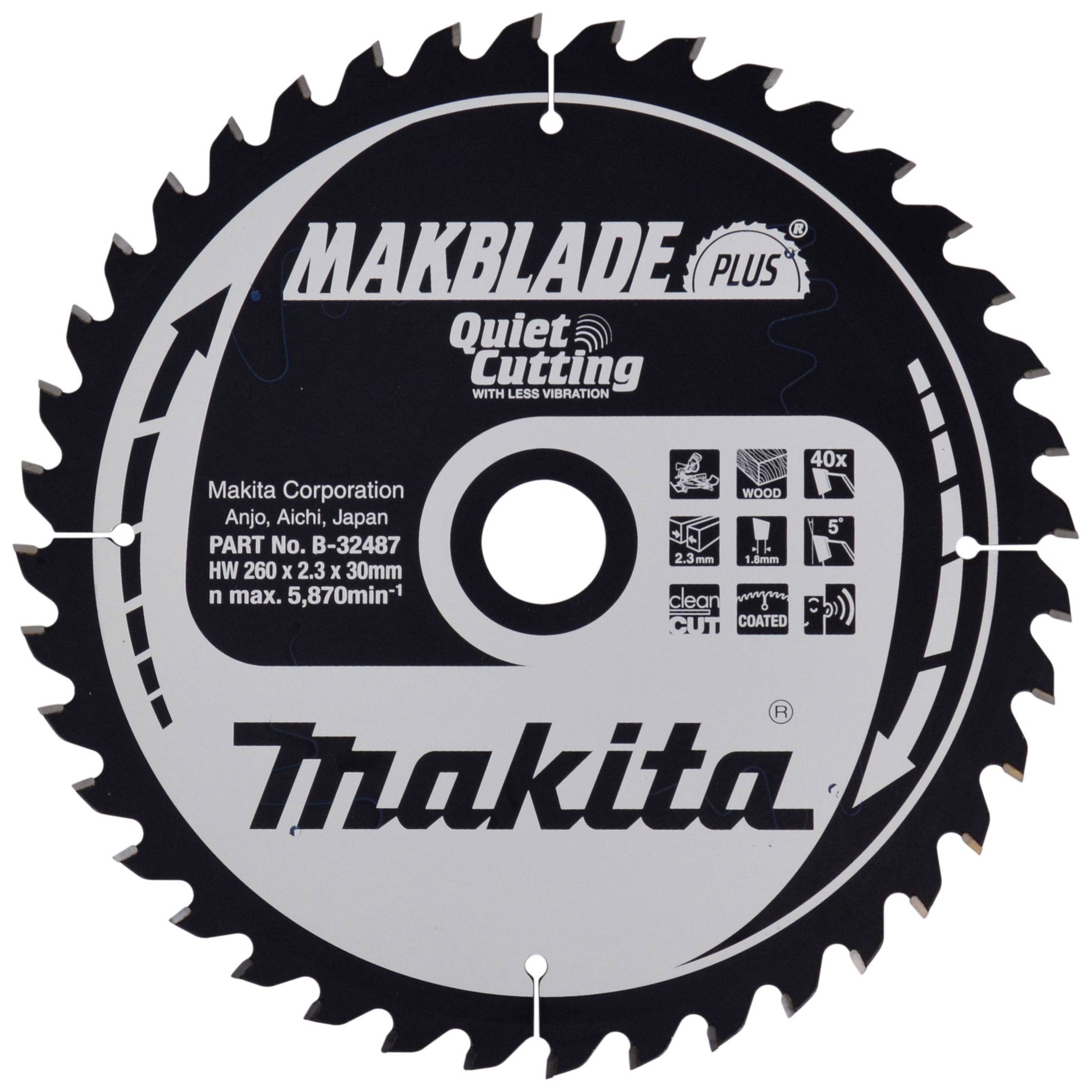 Makita 'Makblade Plus' körfűrészlap, 260 mm átmérő, 30 mm furat, kifejezetten halk vágásra és csökkentett vibrációra tervezve.