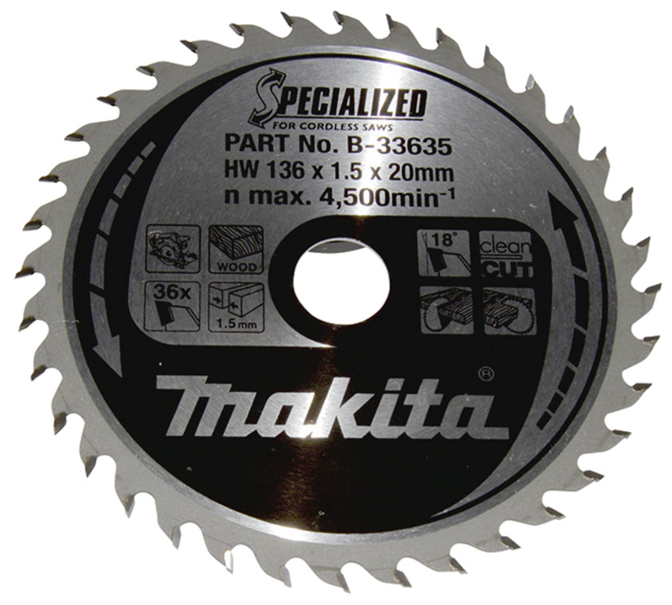 Makita körfűrészlap, B-33635 típusszám, vezeték nélküli fűrészekhez. Fa megmunkálásához alkalmas, 18 foggal és maximum 4500 ford/perc fordulatszámmal.