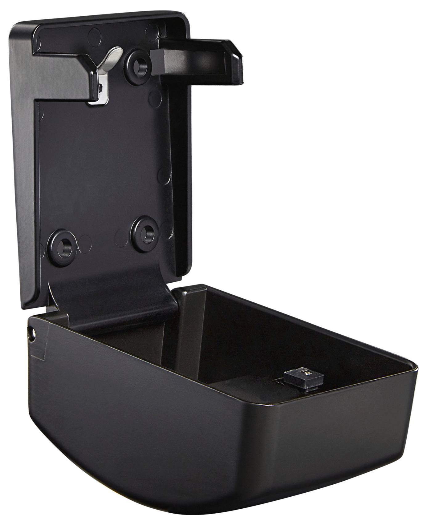 Egy fekete, üres tartó csukható mechanizmussal, valószínűleg fali szerelésre tervezve eszközök vagy tartozékok számára.