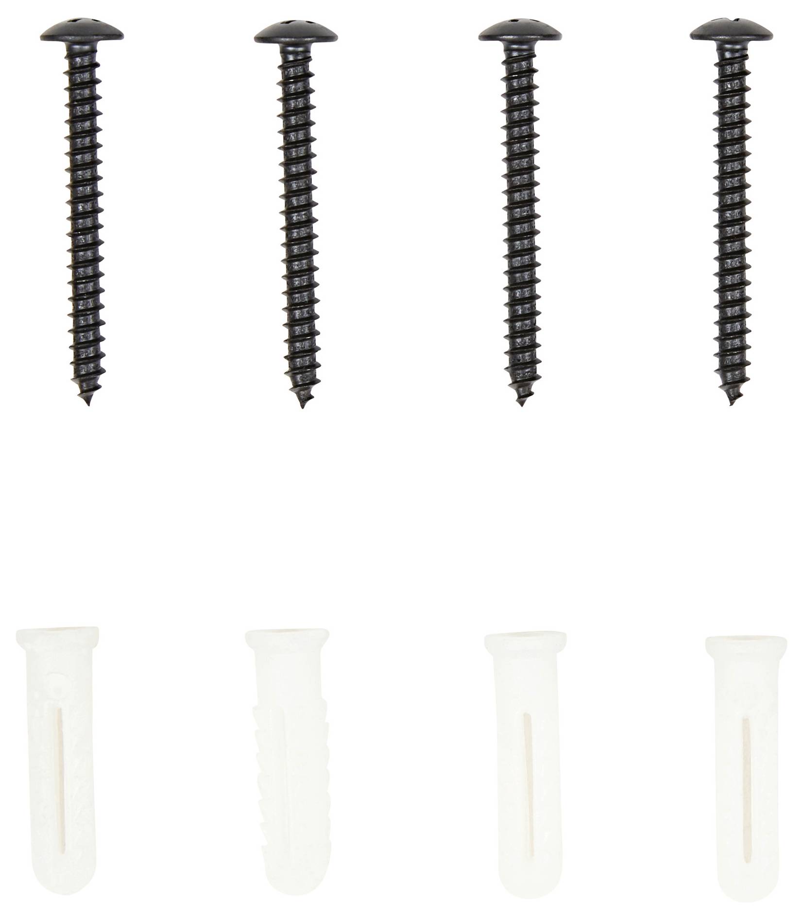 Hat fekete csavar és négy fehér tipli fehér háttéren, két sorban elrendezve. Rögzítő eszközök.