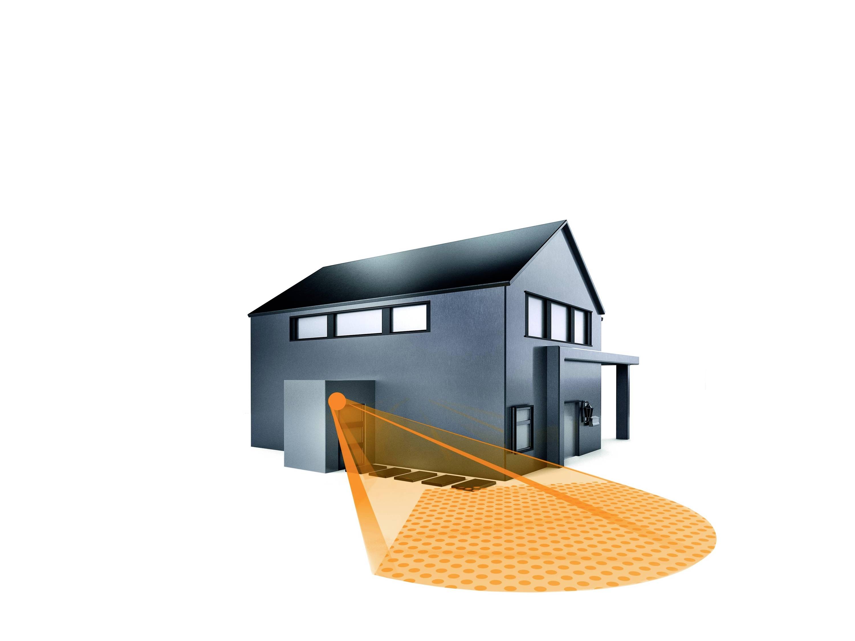 Egy modern szürke épület, amelynek egy narancssárga része van, amely mozgásérzékelésre vagy biztonsági felügyeletre utal.