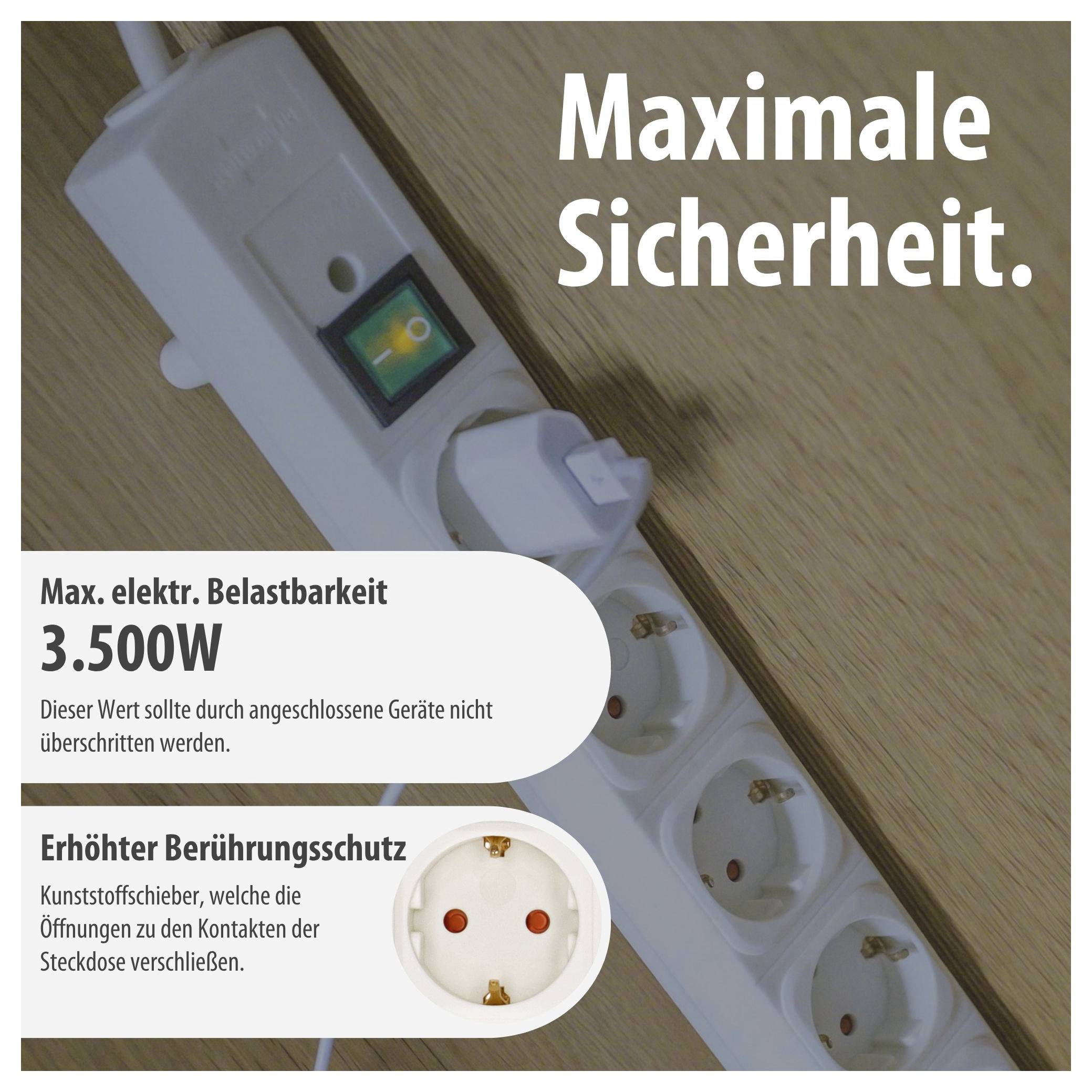 Egy elosztósáv reklámképe a „Maximális biztonság." szöveggel; feltünteti a максимум 3.500 W terhelhetőséget és az emelt szintű érintésvédelmet plasztik csúszóka segítségével.