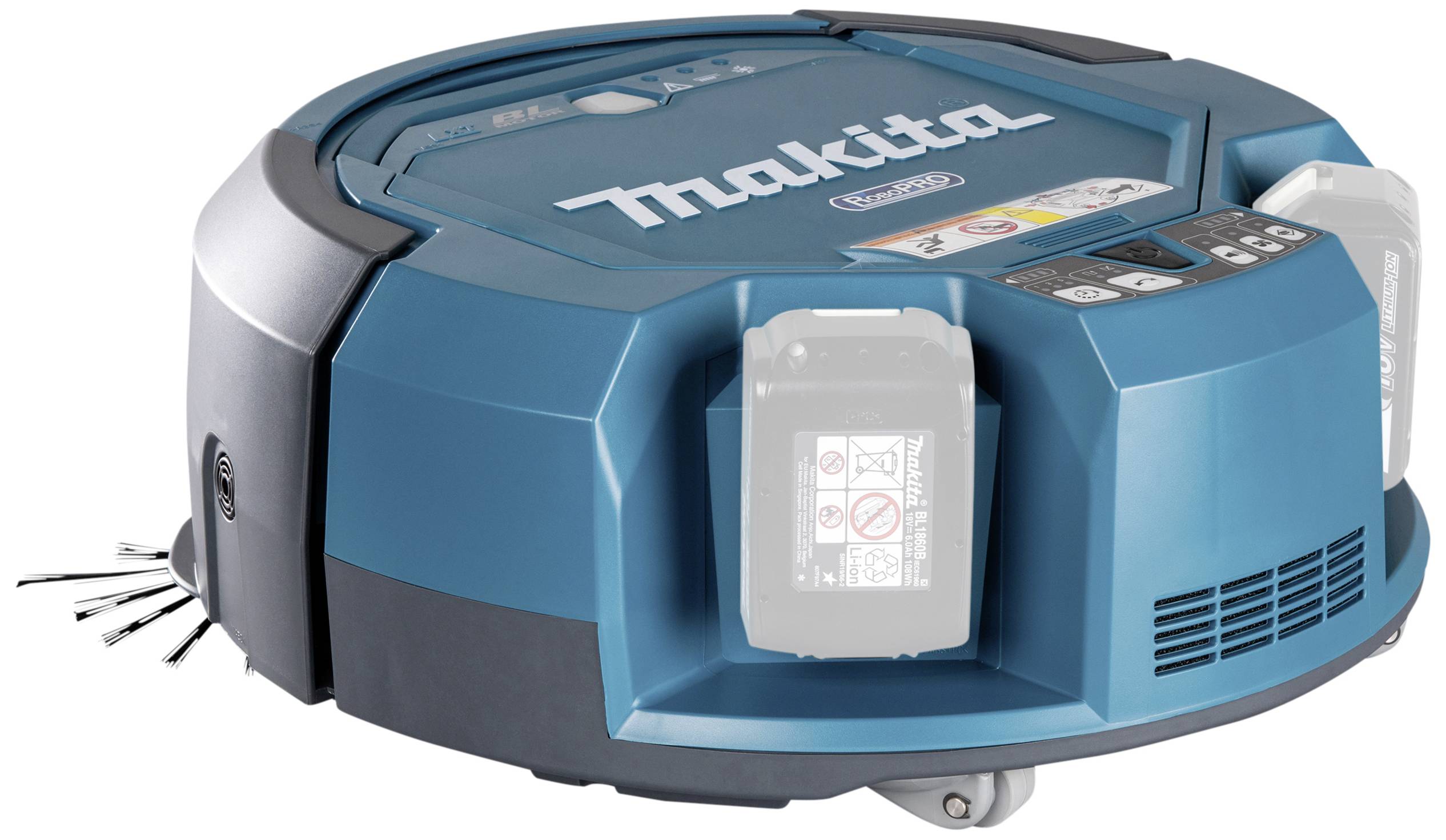 Egy kék, kerek robotporszívó oldalsó kefékkel. A márkanév felül látható. Alkalmas padlók takarítására.