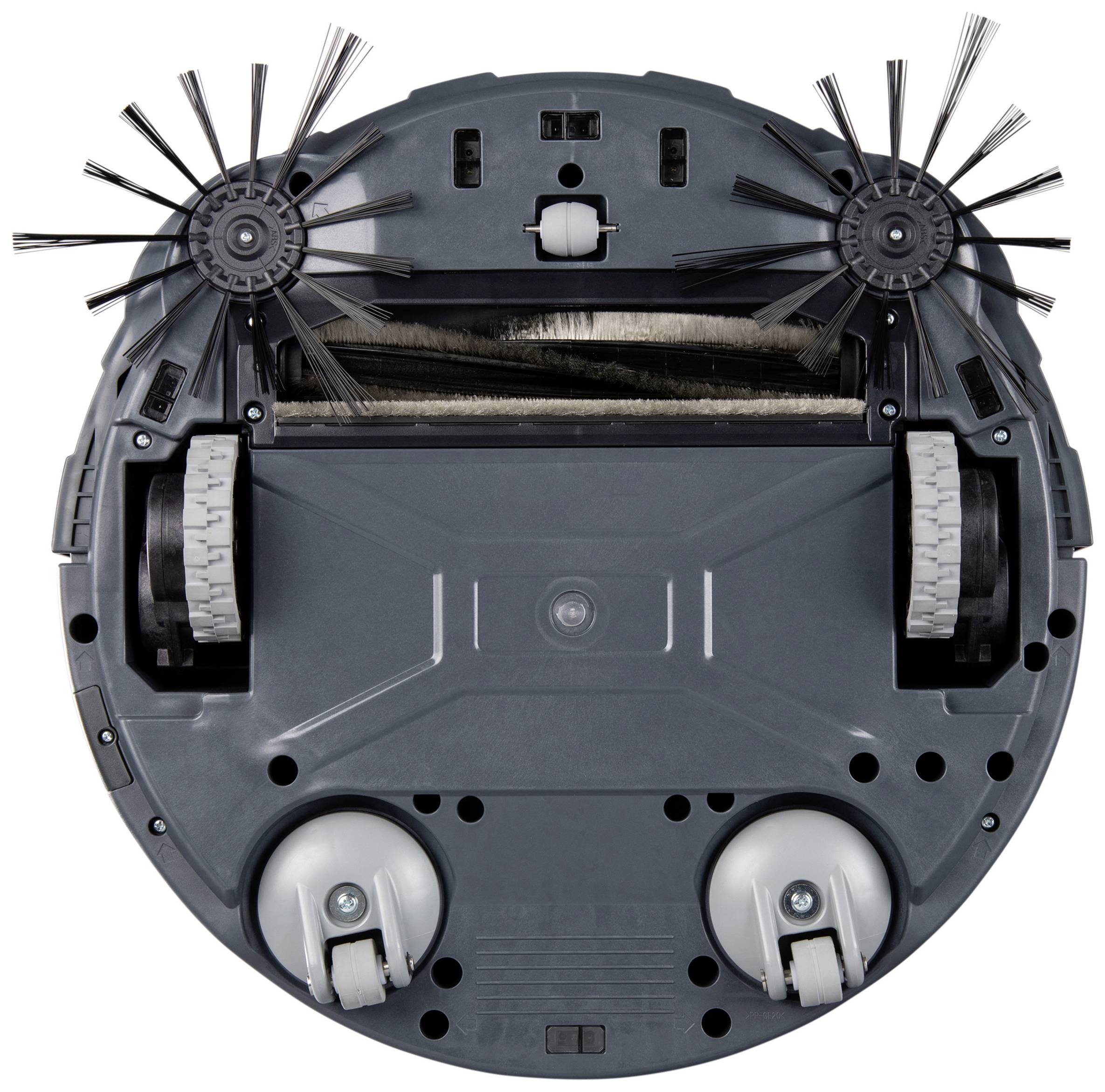 Egy robotporszívó alsó oldala két forgó kefével, két nagy kerékkel és érzékelőkkel. Tisztítási célokra alkalmas.