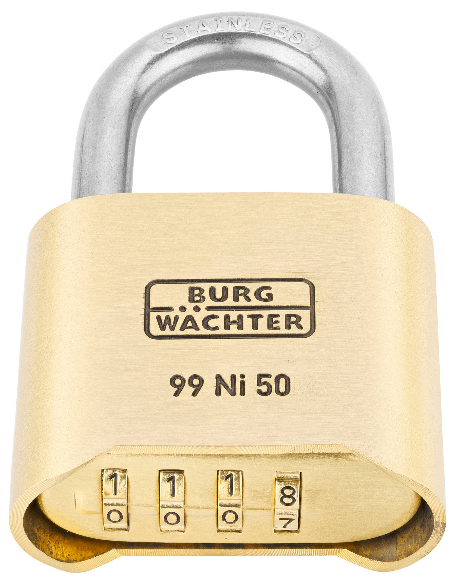 Egy arany színű lakat számzárral, amelybe a 'BURG WÄCHTER' és a '99 Ni 50' gravírozva van. A lakat a 0007-es kombinációt mutatja.