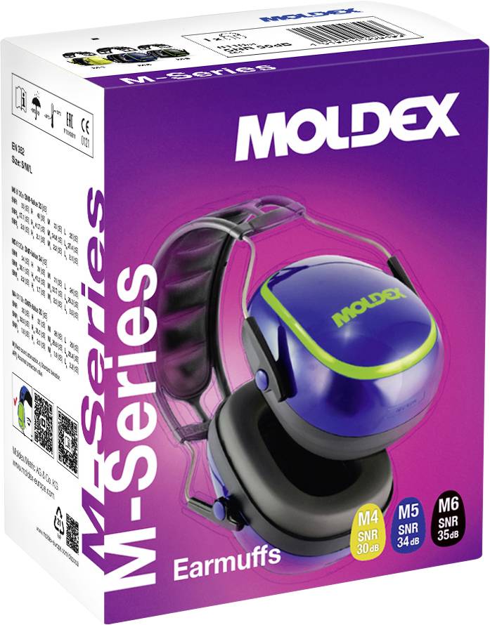 Moldex M-Series fülvédő csomagolása kék fülvédőkkel, zajcsökkentési mutatók: M4 SNR 30 dB, M5 SNR 34 dB, M6 SNR 35 dB.