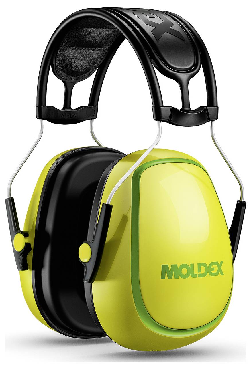 Fényes sárga és fekete fülfogók "Moldex" logóval az oldalon, párnázott fejpánttal a zajvédelemhez.