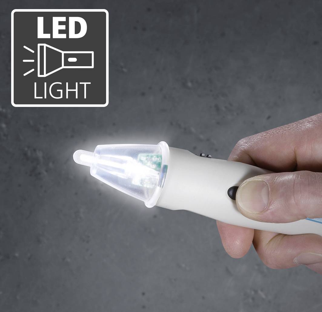 Egy kéz egy bekapcsolt kis fehér LED-es zseblámpát tart. Bal felül egy szimbólum látható 'LED LIGHT' felirattal.