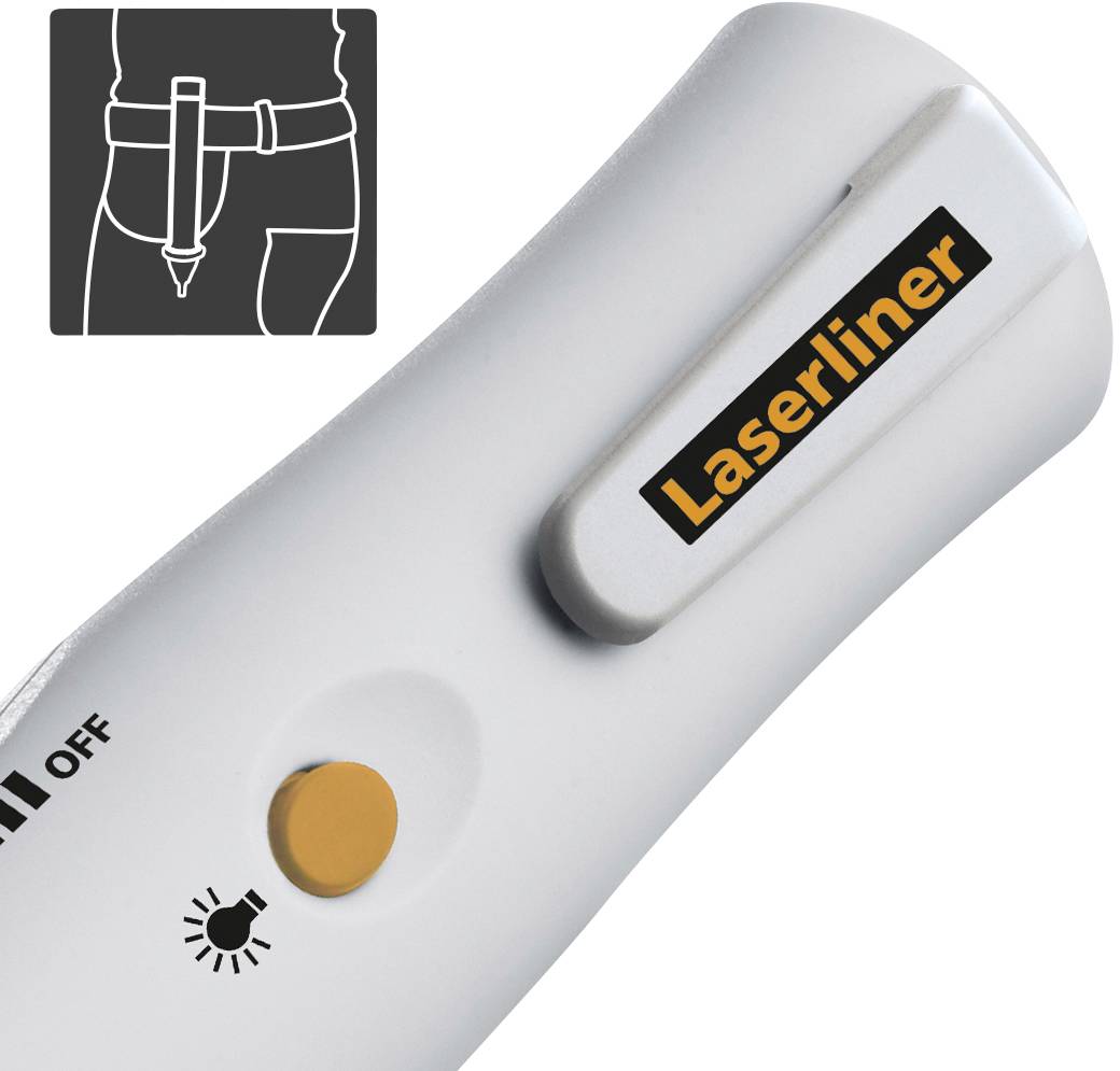 Kézi eszköz, amelynek neve 'Laserliner', sárga gomb, lámpa be/ki szimbólum, az ábra egy övre való rögzítést mutat.